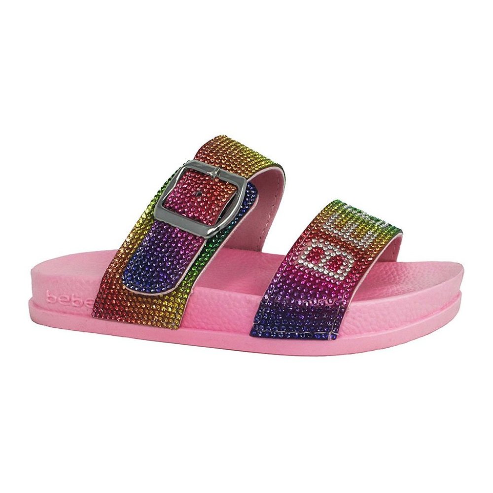 bebe girls | Blush Rainbow Rhinestone Buckle Logo Slide